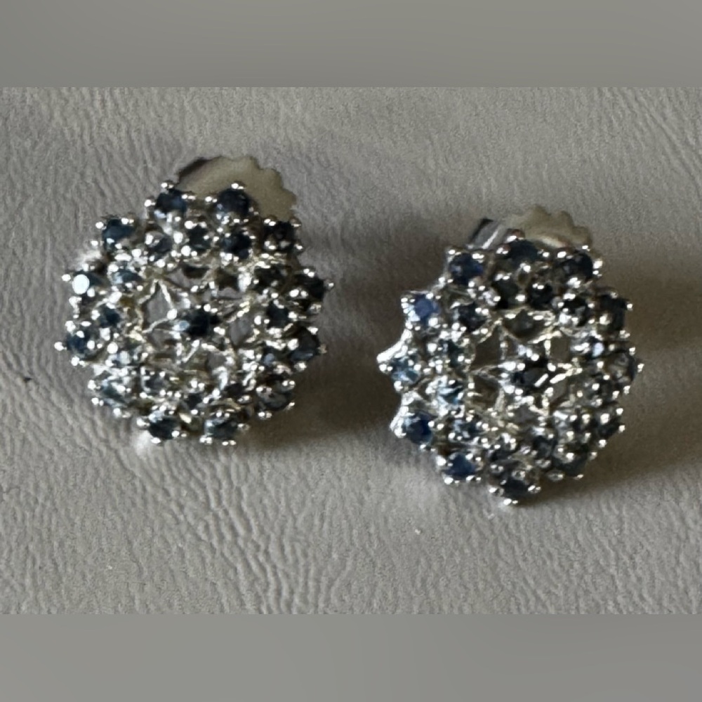 Vintage Star Burst .925 Sterling Silver & Sapphire Post Earrings